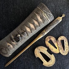Mid Edo Japanese Tanto Tsuka Koshirae Fittings Set Dragonfly Menuki Kogai picture
