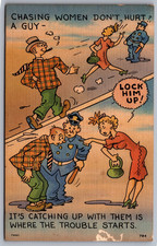 1950s Chasing Women Don't Hurt A Guy Policeman Postcard Sexist Humor picture