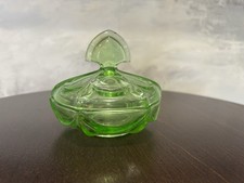 Vintage Art Deco Green Uranium Glass Lidded Powder Jar, Vanity Trinket Box picture
