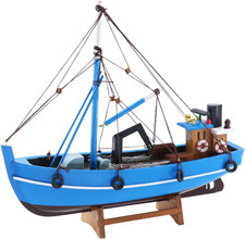Wooden Fishing Boat Model, Blue, 12 Inch, Fully Assembled Nautical Home Decor (C picture