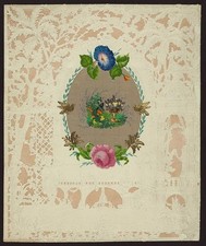 1800s Lace Paper Valentine To Margaret Garden Fountain Peacock Mandolin Player picture