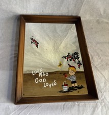Vintage 1970s Dicksons Look Who God Loves Wood Framed Mirror Boy Kitsch Retro picture