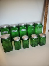 Vintage Owens Illinois Green Canisters Swirl Hoosier Glass Jars -Set of 10 picture