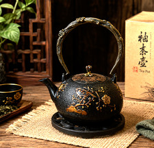 Cast Iron Japanese Tetsubin Teapot Kettle Cherry Blossoms & Birds w/trivet, box picture