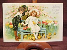 Antique 1907 Easter Postcard - Romantic Girl & Boy  & Baby Chicks - Embossed picture