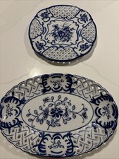 Vintage Lillian Vernon Blue White Porcelain Floral Reticulated Plates Lot Of 2 picture