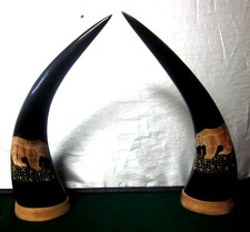 Vintage Pair of Large 1950's Hand Carved Water Buffalo Horns - BEARS - Wood Base picture