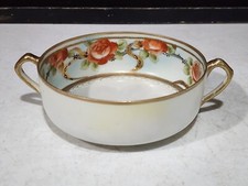 ANTIQUE NIPPON HAND PAINTED RED ROSES DOUBLE HANDLED BOWL GOLD TRIM picture
