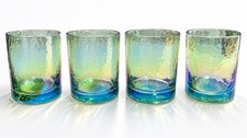 Zodax Iridescent Blue Hammered Lowball Barware Drinkware Rocks Glasses Cocktail picture