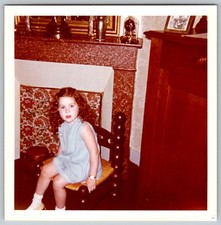 Vtg Color Snapshot Little Girl Blue Dress Bobbin Chair Fireplace 1960s picture
