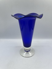 Cobalt Blue Glass Hand Crafted AAC Ruffled Trumpet Vase Clear Base  8 1/2