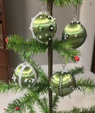 4 Vintage Mid Century Satin Sheen Christmas Ornaments Hand Decorated Push Pin  picture
