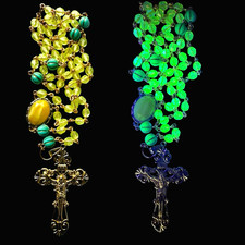 Heirloom Uranium Glass Holy Rosary 10k GF Green W Faceted Custard Gem T2 picture