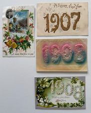 Lot (4) Vintage 1907/1908 Postcards Happy New Year Greetings antique embossed picture
