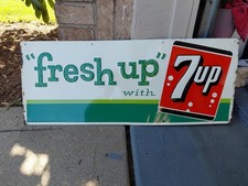 c.1962 Original Vintage Fresh Up With 7up Sign Metal Embossed Coke Pepsi Soda  picture