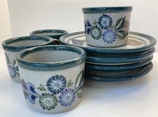 ERANDI TONALA Mexico Plates Signed Green Blue Brown Cups and Saucers Set of 4 picture
