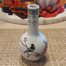 Chinese Porcelain White Bud Vase w/ Bird & Floral, Calligraphy, Red Seal picture
