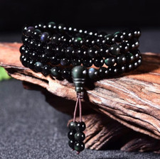 Obsidian 108 Mala Beads Bracelet Natural Rainbow Eye Stone Wrap Necklace picture
