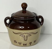 Texas Longhorn Western Stoneware Bean Pot With Lid USA Handmade Vintage picture