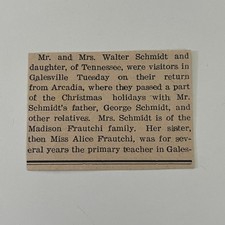 Mr. & Mrs. Walter Schmidt Visits Galesville 1936 Galesville WI Clipping SAH6-S27 picture