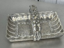 Vintage Molded Floral Handled Aluminum Divided Glass Insert Basket Candy Dish picture