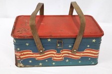 VTG 1940's Patriotic Metal Picnic Basket Container 4th of July Wood Handles Flag picture