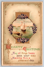 Vintage Postcard, Ship, Sea, Hearty Greetings picture