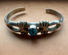 Vintage Nellie Tso Navajo Sterling Silver Sandcast Turquoise Cuff Bracelet 22g picture