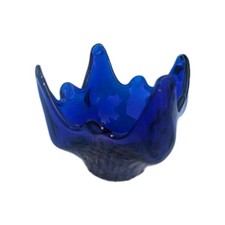 Cobalt Blue Unique Wavy Edged Candle Holder Candy Dish Trinket Keeper apr25 picture