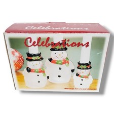 Celebrations Snowman Set of 3 Frosted Glass Handpainted Candle Holder NEW IN BOX picture