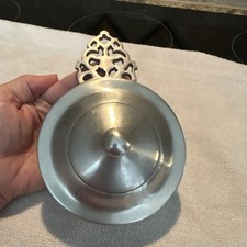 Vintage Stede Pewter Lidded Covered Bowl with Pierced Handle, Porridge Bowl picture