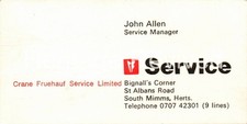 VINTAGE CRANE FRUEHAUF SERVICE LTD BUSINESS CARD JOHN ALLEN SOUTH MIMMS HERTS picture