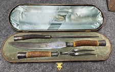VTG Harrison Bros & Howson 3pc Carving Set Stag Horn Handles Engraved Case picture