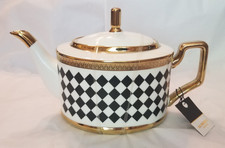 Almeria Collection Black & White Harlequin Porcelain Teapot Gold Accents NWT picture