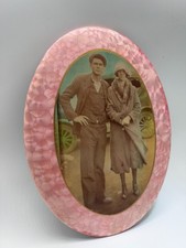 Vintage Oval Photo Plaque Pink Pearlescent Border Couple Portrait Celluloid Type picture