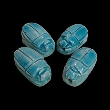 4 Vintage Egyptian Blue Glazed Stone Scarabs/Beetle/Amulet ~Ancient Lucky Charm picture
