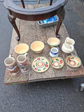 Watt Stoneware & other  Beige Green Striped Bowls pitchers mugs & carriage decor picture