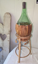 Vintage Wicker Wrapped Green Glass Chianti Wine Bottle & Matching Wicker Stand picture