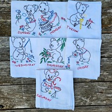 Vintage 50s Days of the Week Koala Bear Embroidered Tea Towels Complete Set 7 picture