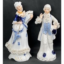 Victorian Style Blue White Porcelain Figurine Pair w/ Gold Accents Hand Painted picture