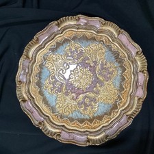 Vintage Italian Florentine Tray Pink Gold Gilt 8” Scalloped Wood Made in Italy picture
