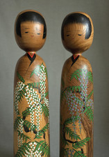 Vint. Japanese Big Sosaku Kokeshi Pair Dolls signed Koraku Onodera 47.5cm(18.7