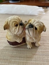 Vintage Resin Figurine Coin Bank with Stopper, Bulldog Puppies Playing in Shoe picture