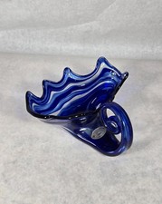 Vintage SUNSET Hand Blown Art Glass Cobalt Blue Swirl Sleigh Cornucopia OKLAHOMA picture