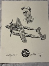 WW2 Fighter Ace Bob DeHaven Signed P-38 Print 49th FS Dick Bong Wingman picture