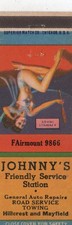Vintage Matchcover Johnny's Friendly Service Station Pinup picture