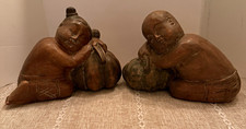 Vintage Hand Carved Wood Asian Children Figurines Sleeping on Gourd Figurines picture