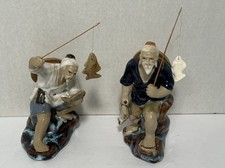 Lot Of 2 Chinese Mud-man Shiwan Fisherman Figurines Vintage Clay Pottery 4”H picture