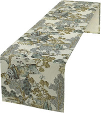 Oriental Landscape Table Runner, Vintage Chinoiserie Grey Blue Mountains Pine Tr picture