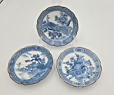 Set Of 3 Seto-ware Small Plates Blue/white,scalloped Edges picture